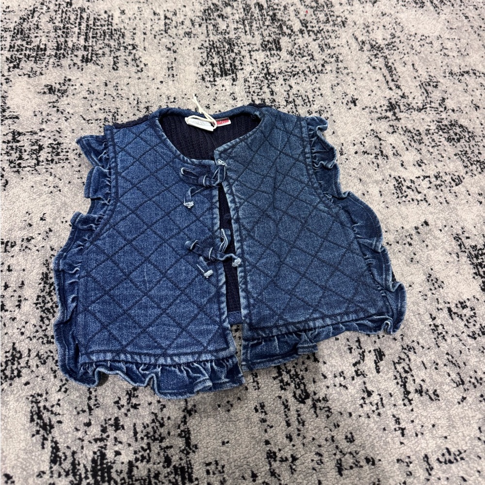 Zara Quilted Denim Ruffle Vest - Dark Blue